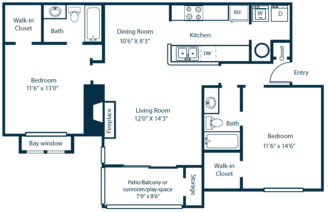 Floor plan for 2 beds, 2 baths, 1090 sqft